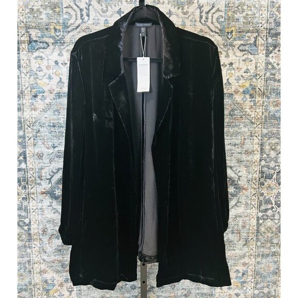 Eileen Fisher Womens Size 1X Black Long Velour Open Front Collared Blazer Jacket - Picture 1 of 11